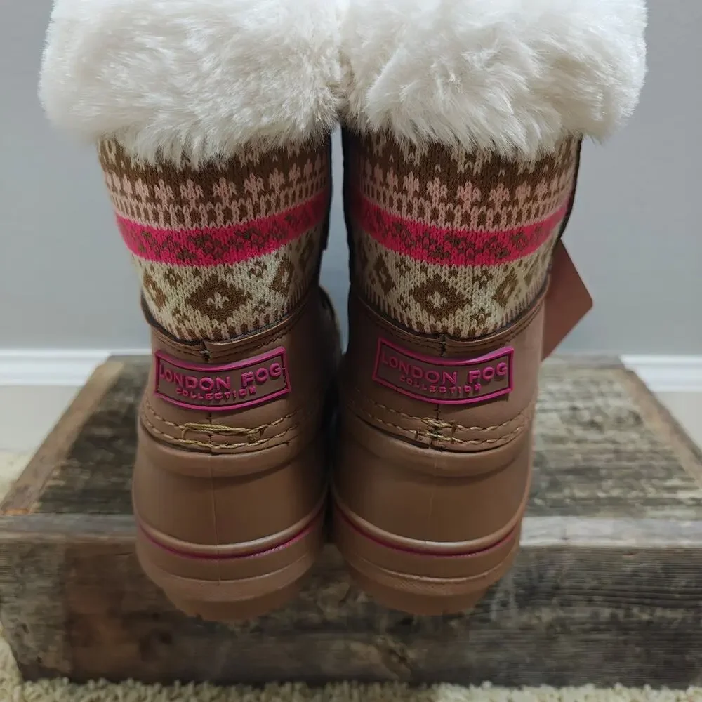 New London Fog Girls Tottenham Snow Boots Size 3 Brown Pink Faux Fur